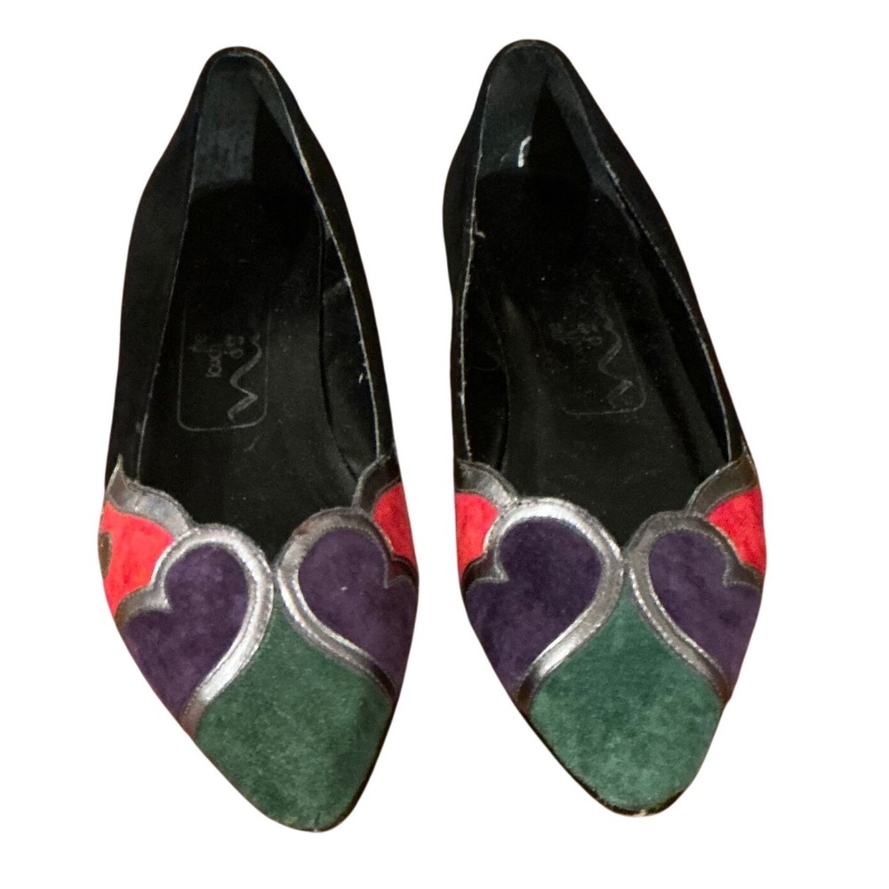 Vintage Nina Suede Patchwork Ballet Flats Multi-Color Heart Pointed Toe Size 6